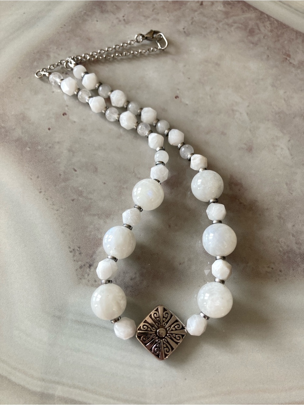 ✨White Moonstone Beaded Necklace with Sterling Silver Plated Accent